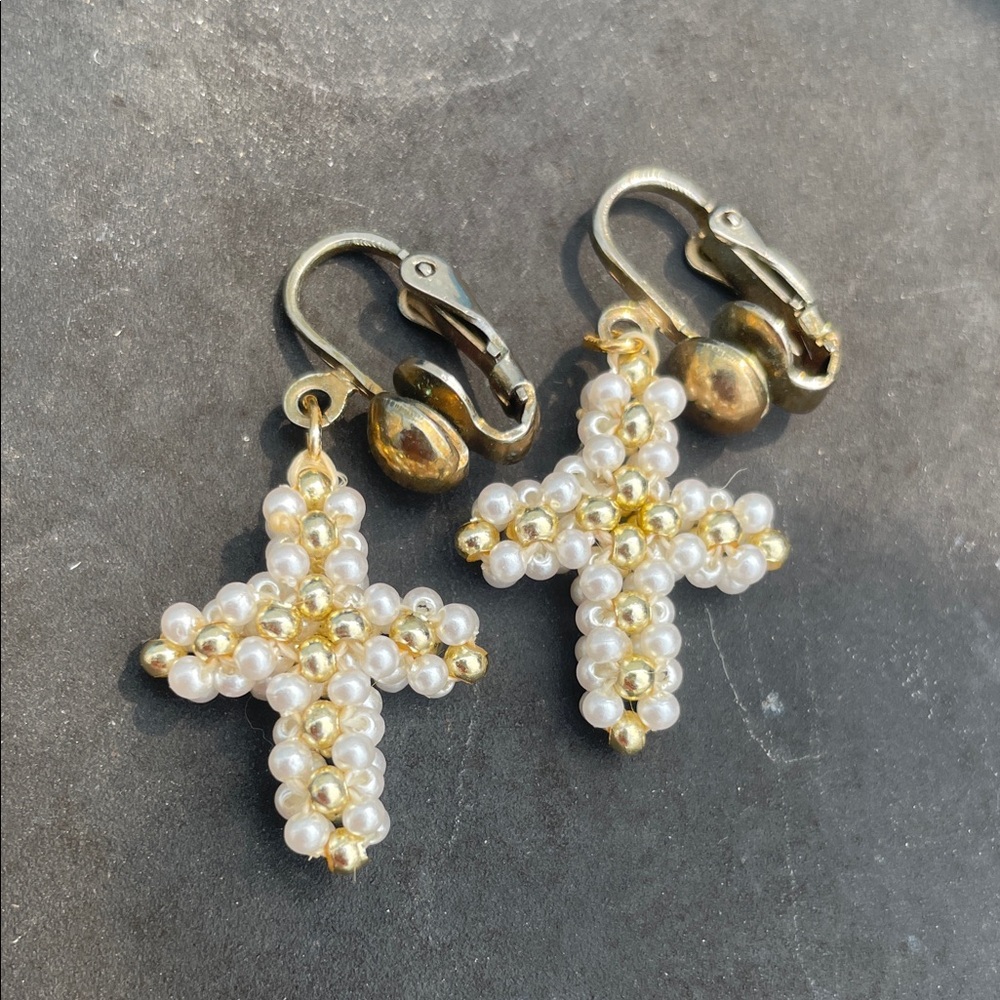 Elegant Gold and White Cross Earrings